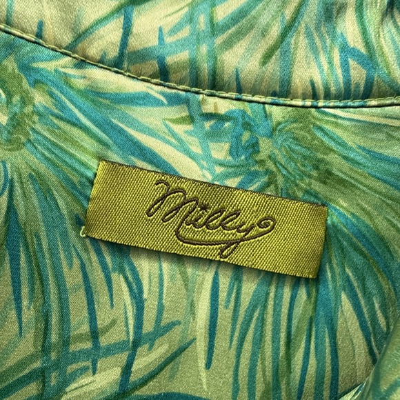 MILLY 100% Silk Shirt Dress Sz 4 Green Abstract Palms 3/4 Sleeves Button Down - Picture 2 of 11
